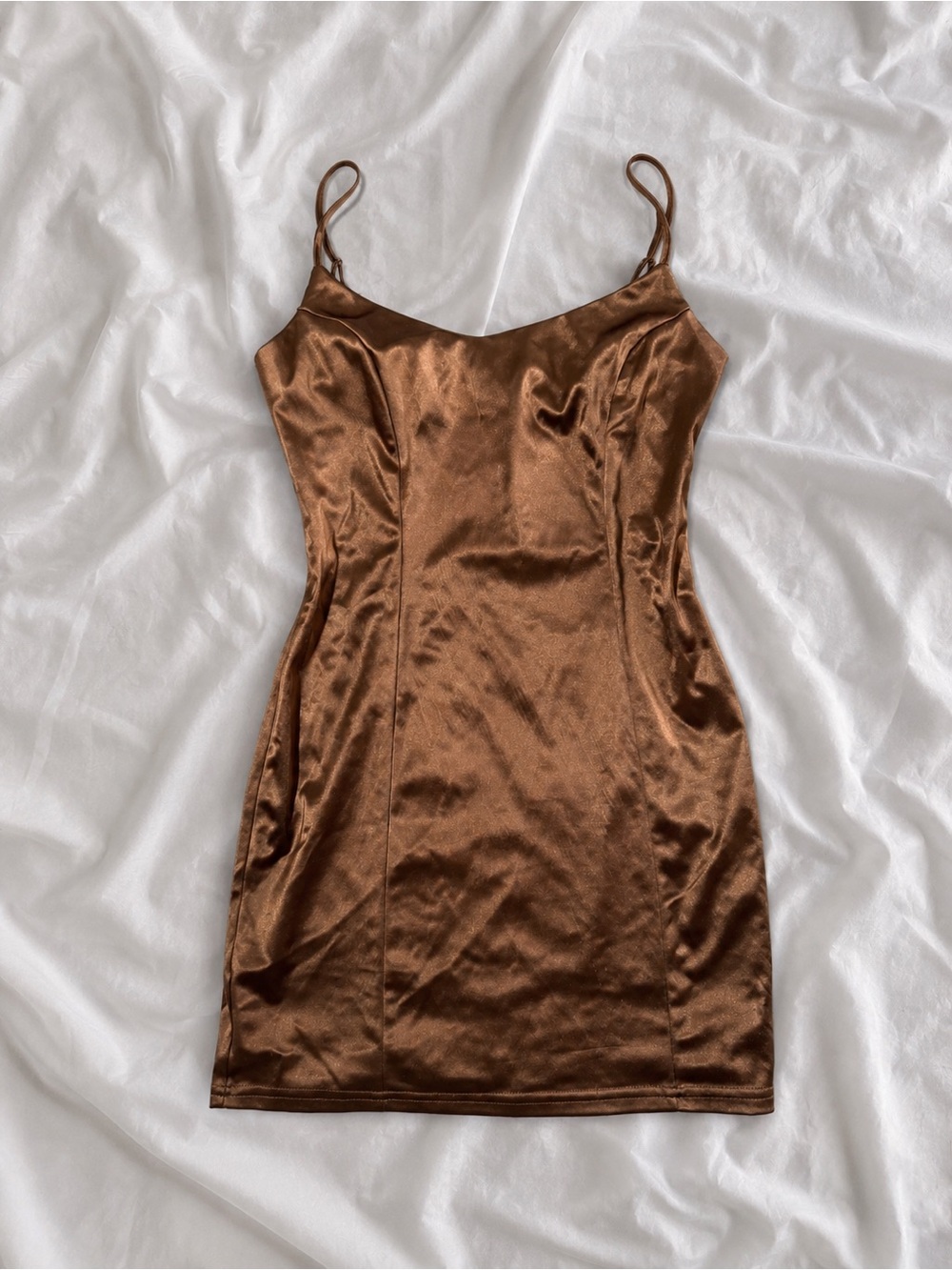 Revamped Satin Slip Mini Dress in Brown